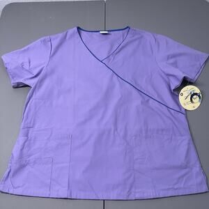 NWT O2 Scrub Top Purple Mock Wrap Style Women XL Back Tie -READ